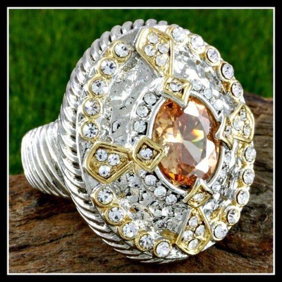 Elite New 18k Gold Lead-Free High-End with Golden & White Topaz Ring Size 9 - Picture 1 of 5